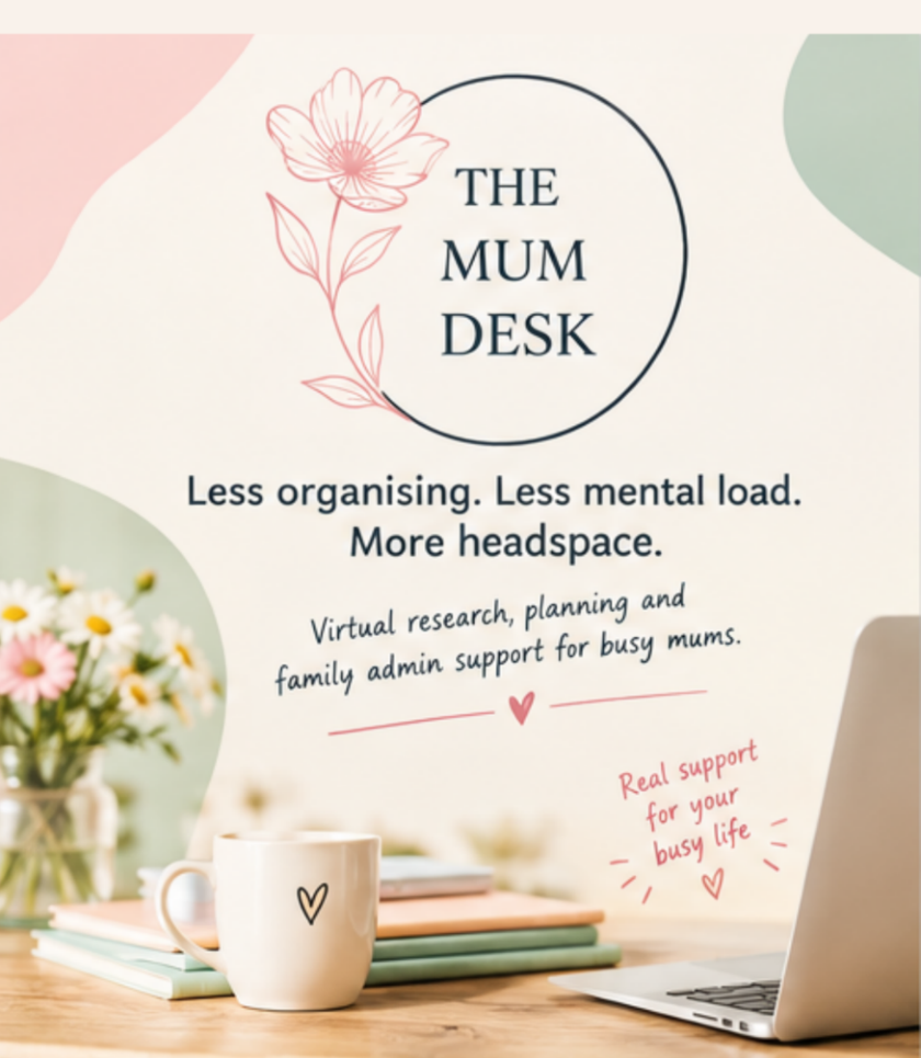 The Mum Desk brochure in cream, pink and sage: less organising, less mental load, more headspace.